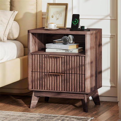 Baoz Walnut Fluted Nightstand with Charging Station & 2 Drawers for Bedroom
