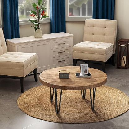 FLYJOE Rustic Wood Round Coffee Table with Metal Legs, Solid Elm Wood Top and Non-Slip Feet Pads - Farmhouse Style for Living Room, Natural