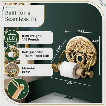 Bright Brass Wall Mount Toilet Paper Holder 7.25" Wide Vintage Crown Style Solid Brass Easy Install Toilet Tissue Paper Holders with Wooden Roll for Bathroom | Renovators Supply Manufacturing