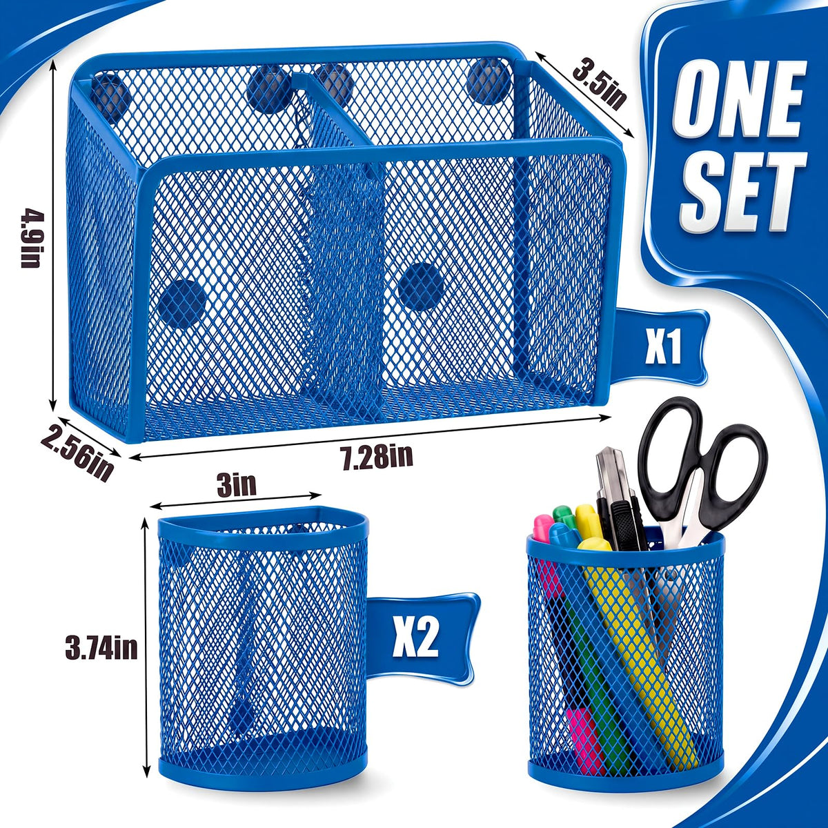 Marspark 3 Pcs Magnetic Pen Holder Set Metal Pencil Holder with Strong Magnets Wire Mesh Storage Basket Organizer for Locker Accessories Whiteboard Refrigerator School Office Dorm(Blue)