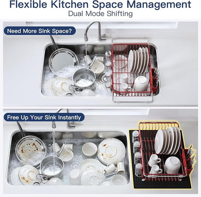 JASIWAY Red Dish Drying Rack in Sink with Mat, Expandable Stainless Steel Dish Drainers for Kitchen Counter, Space Saving Dish Dryer for Inside Sink, Over Sink Dish Racks with Utensil Holder