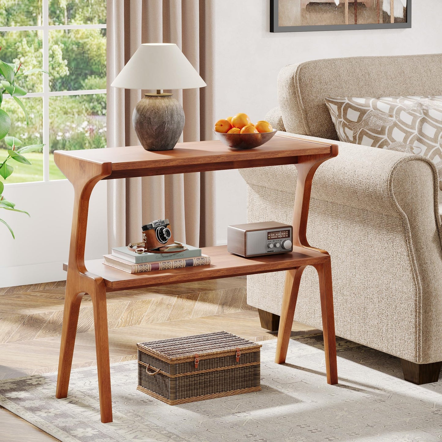 Tribesigns 2-Tier Solid Wood Side Table, Mid-Century Modern End Table with Storage Shelves, Tall Slim Side Table for Couch with Unique Legs, Long Bedside Table for Bedroom, Living Room, Cherry