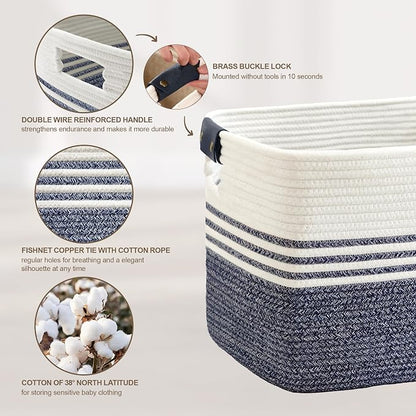 86L Extra Large Laundry Basket with Leather Handles for Living Room Storage, Woven Rope Baskets for Blanket, Kids Toy, Gifts, Wicker Hamper for Bedroom Dirty Clothes, 24"x16"x14" Denim Blue