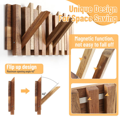 KYIAANY Small Coat Rack for Apartment: 13.2Inch Wood Rustic 8 Hooks Wall Mount Retractable for Narrow Spaces Entryway Bathroom for Hanging Light Items Jacket Towel Dog Leash Bag