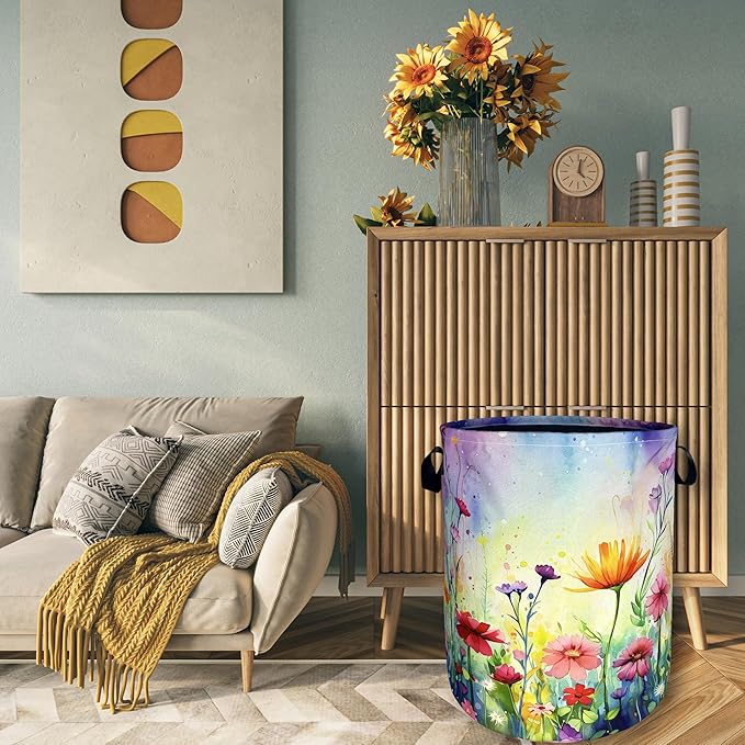 Watercolor Flowers Laundry Basket Wildflower Foldable Funny Laundry Hamper