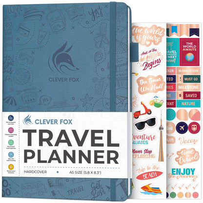 Clever Fox Travel Journal – Vacation & Trip Organizer with Budget Plan, Packing List, Travelling Expense Tracker, A5 (Smoke Blue)