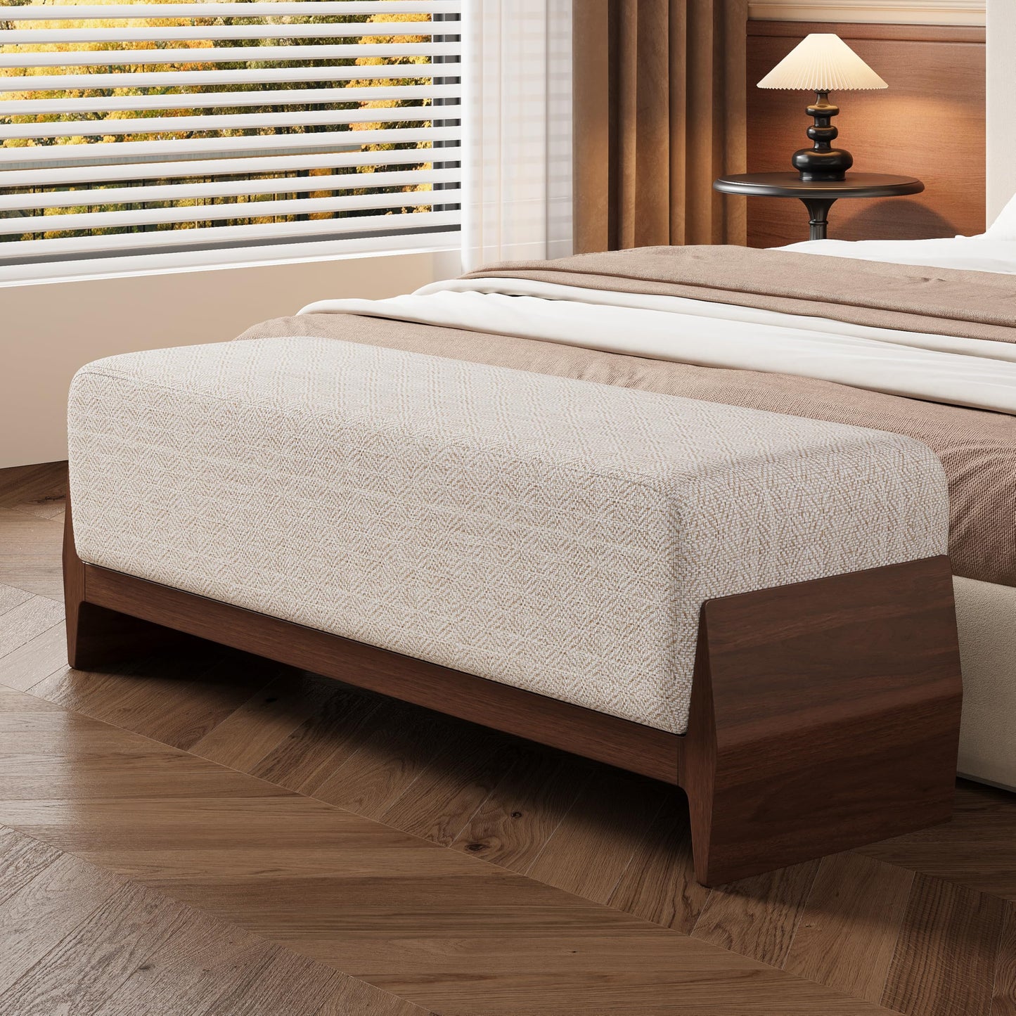Christopher Knight Home Kingen 55'' Linen Fabric Upholstered End of Bed Ottoman, Wooden Living Room Ottoman Bench with Thick Soft Cushions, Long Entryway Bench, Long Seating for Bedroom, Brown + Beige