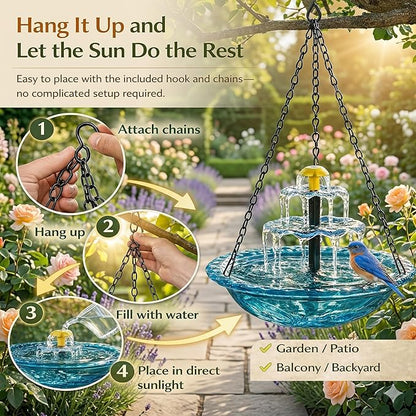 Solar Powered Hanging Bird Bath, Vibrant Blue Multi-Tier Waterfall Fountain for Outside, Easy to Hang Bird Oasis for Garden Decoration, Balcony, for Bird Lovers (Gray)