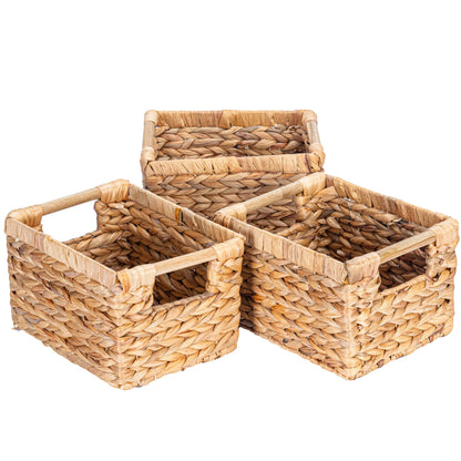 Small Wicker Baskets for Organizing Bathroom, Hyacinth Baskets for Storage, Wicker Storage Basket with Wooden Handle, Decorative Small Basket 10 x 7.5 x 6.3 inches - 3 Pack