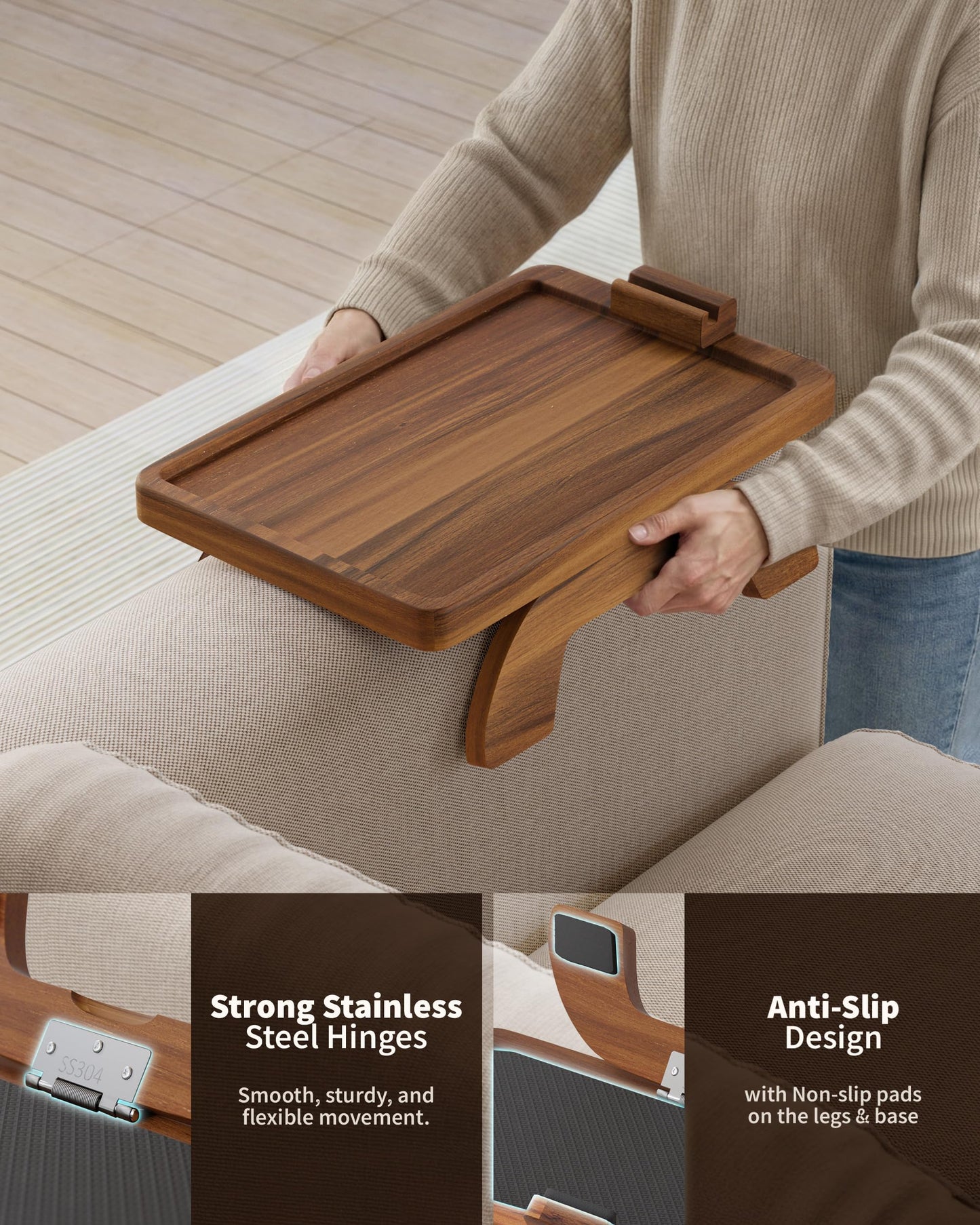 BLUEWEST Sofa Armrest Tray,15.4''x9.8'' Acacia Wood Couch Arm Clip on Tray Table with 360° Rotating Phone Holder Fits Most Couch Arm Sizes–Non-Slip, Arm Table for TV Dinners, Remote, Drinks & Snacks