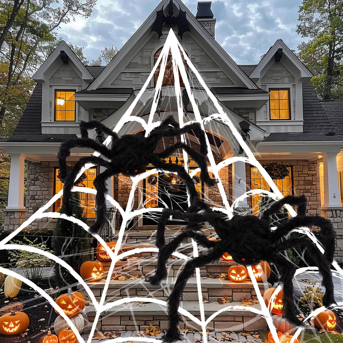 ArtCreativity Giant Spider Halloween Decorations, Includes Two 24" Spiders and a 16.4' Spider Web, Outdoor Spider Web Decoration with 2 Giant Spiders, Outdoor Halloween Decorations for Haunted House