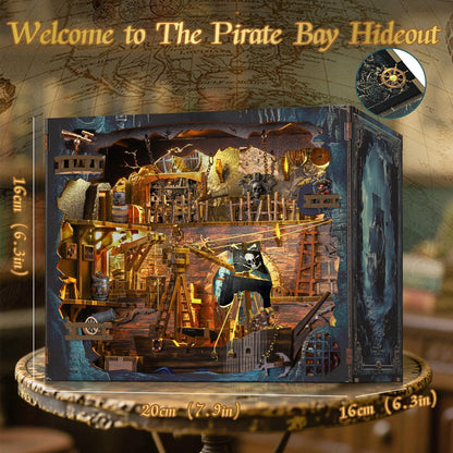 Pirate Book Nook Kit - DIY 3D Wooden Puzzle Miniature House with LED Lights - 400 Pieces - Creative Crafts for Adults - Bookshelf Insert Decor - Educational Gift for Family & Friends