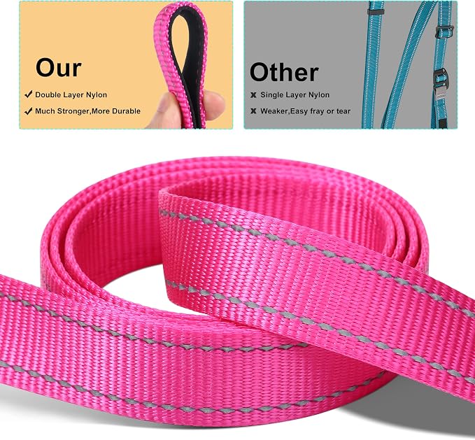 Soft Neoprene Padded Dog Collar and Leash Set for Small Medium Large Dogs, Reflective Durable Nylon Dog Collar with 5ft Leash Easy for Walking, Hot Pink,Neck fit 10.5-15.5’’