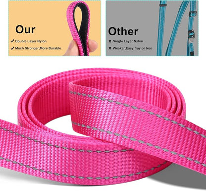 Soft Neoprene Padded Dog Collar and Leash Set for Small Medium Large Dogs, Reflective Durable Nylon Dog Collar with 5ft Leash Easy for Walking, Hot Pink,Neck fit 10.5-15.5’’