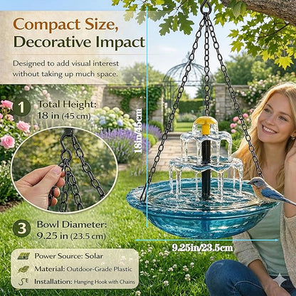 Solar Powered Hanging Bird Bath, Vibrant Blue Multi-Tier Waterfall Fountain for Outside, Easy to Hang Bird Oasis for Garden Decoration, Balcony, for Bird Lovers (Gray)