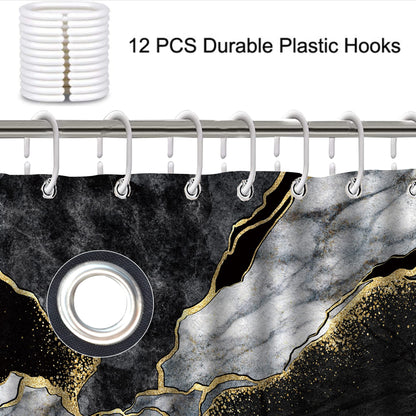 4 Pcs Marble Shower Curtain Sets, Gold Cracked Lines Crystal Geode Black Grey Bathroom Decor, Rug Toilet Lid Cover and Non-Slip U Shape Mat, Waterproof Polyester Shower Curtain with 12 Hooks, 72 x 72