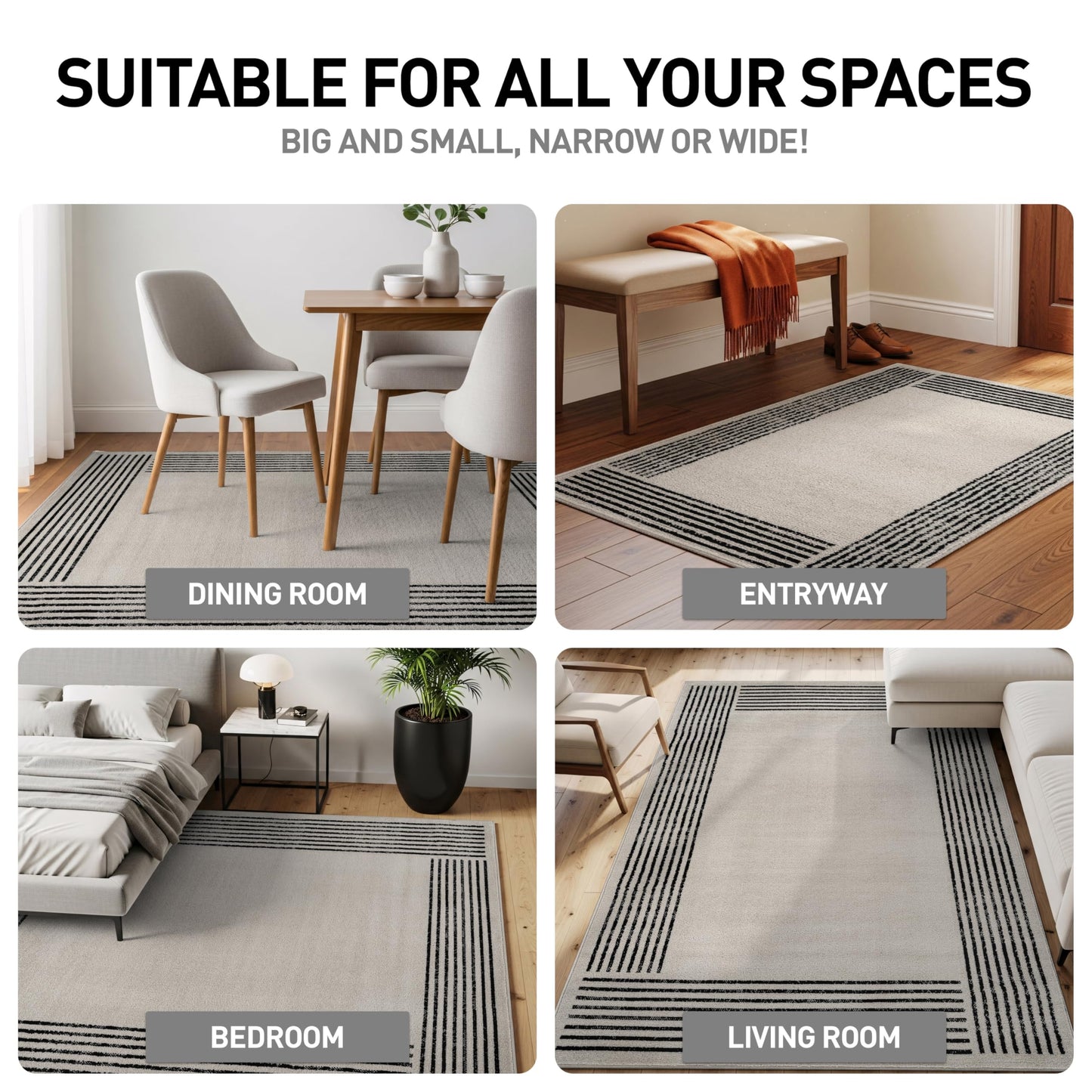 Rugshop Modern Minimal Bordered Indoor Area Rug for Living Room,Bedroom,Kitchen Rug Low Pile Rug with Jute Backing 5' x 7' Cream