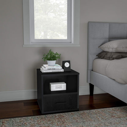 Lavish Home End Stackable Contemporary Minimalist Modular Cube Accent Table with Drawer for Bedroom, Living Room or Office, 16.25 x 15.75 x 15.75 in, Black