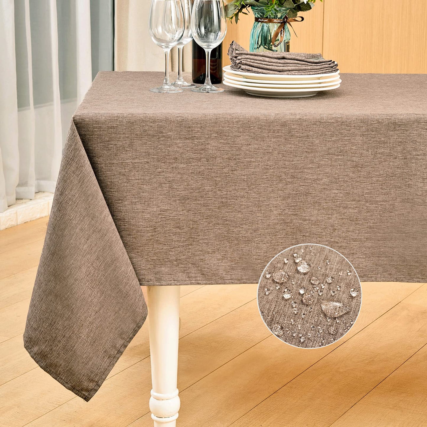 Mebakuk Rectangle Table Cloth Linen Farmhouse Tablecloth Waterproof Anti-Shrink Soft and Wrinkle Resistant Decorative Fabric Table Cover for Kitchen (Flaxen, 60" x 104" (8-10 Seats))