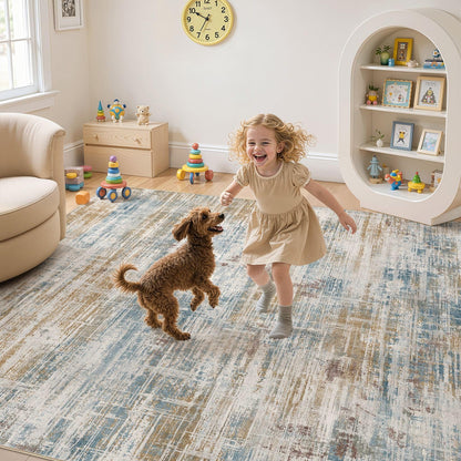 UERMEI 8x10 Washable Area Rug for Living Room: Modern Neutral Abstract Large Soft Low Pile Carpet Non-Slip Pet Kids Friendly Indoor Decor for Bedroom Dining Room Home Office Nursery Blue Brown