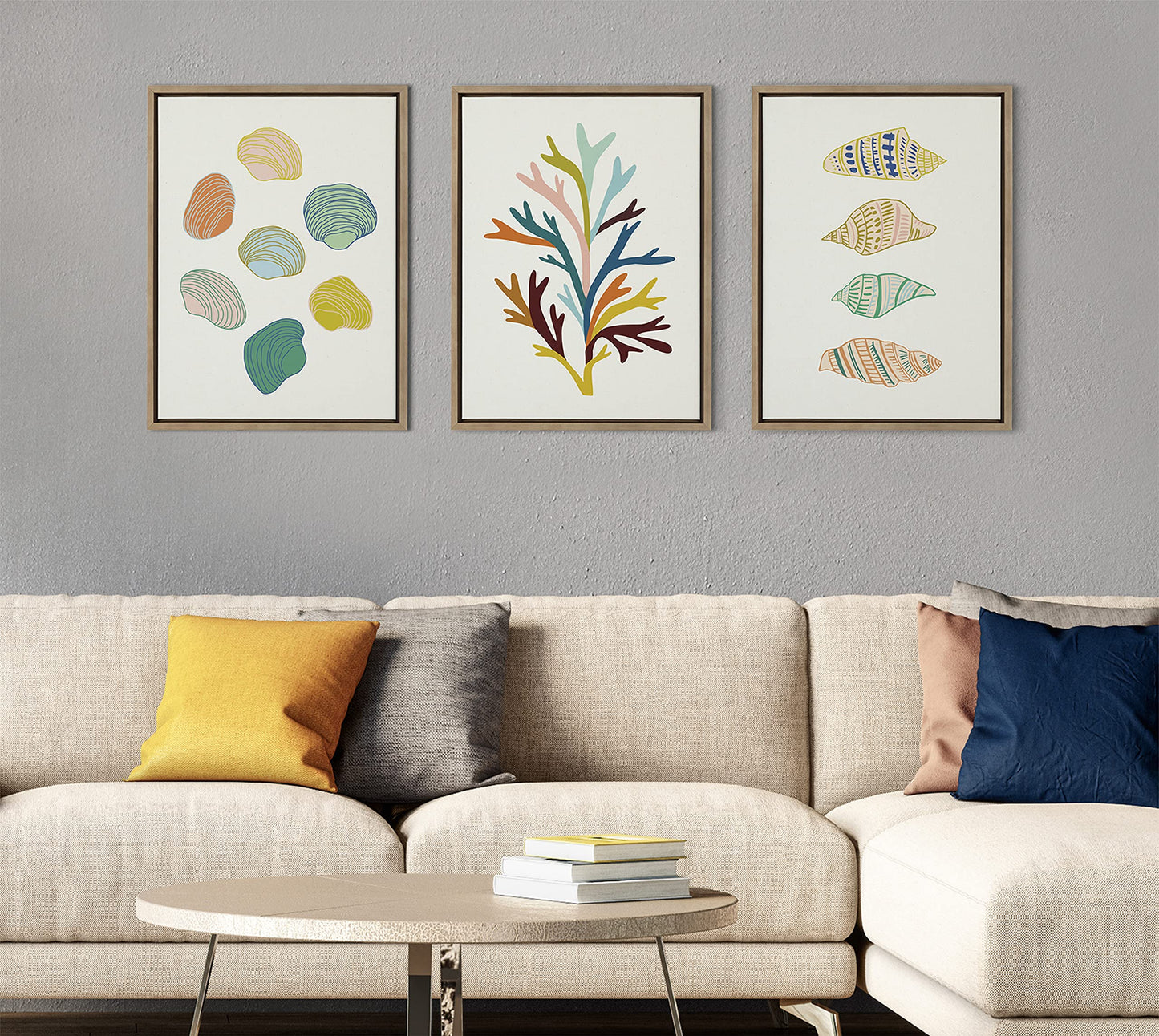 Kate and Laurel x Alicia Schultz Collaboration Found Framed Linen Textured Canvas Wall Art by Alicia Schultz, 18x24 Gold, Colorful Beachy Shell Art for Wall