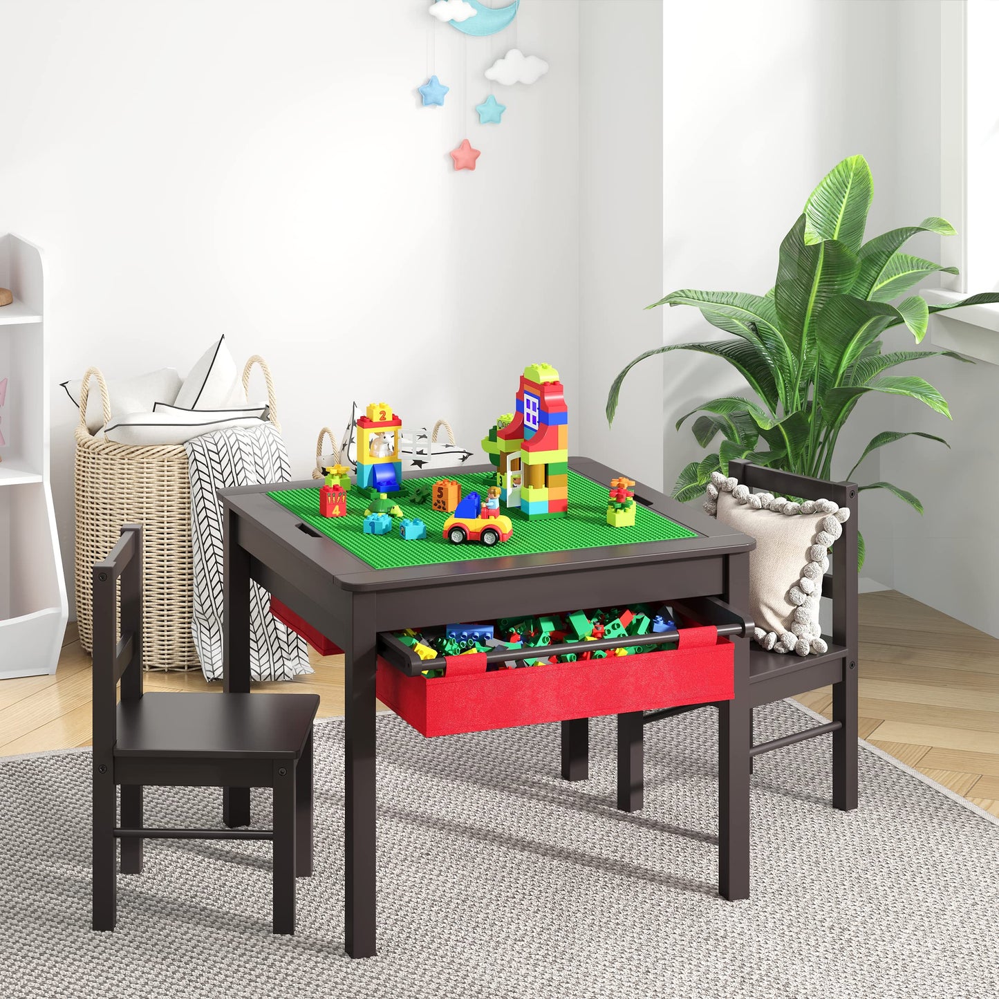UTEX Wooden 2 in 1 Kids Construction Play Table and 2 Chairs Set with Storage Drawers, and Built in Plate Compatible with Lego and Duplo Bricks(Espresso with Red Drawers)