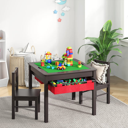 UTEX Wooden 2 in 1 Kids Construction Play Table and 2 Chairs Set with Storage Drawers, and Built in Plate Compatible with Lego and Duplo Bricks(Espresso with Red Drawers)