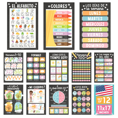 Hadley Designs Spanish Posters for Classroom -12 Bilingual Educational Posters for Spanish Classroom Decorations Must Haves, Calendario y Alfabeto en Español Para la Pared, Chalkboard Teacher Supplies