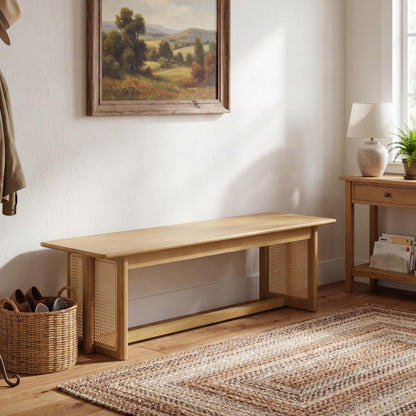 Merax Rustic Wooden Rectangular Kitchen Bench with Rattan Accents Legs, Farmhouse 59.06''L Dinning Bench for Living Room, Kitchen, Dining Room,300 lbs Capacity, Natural