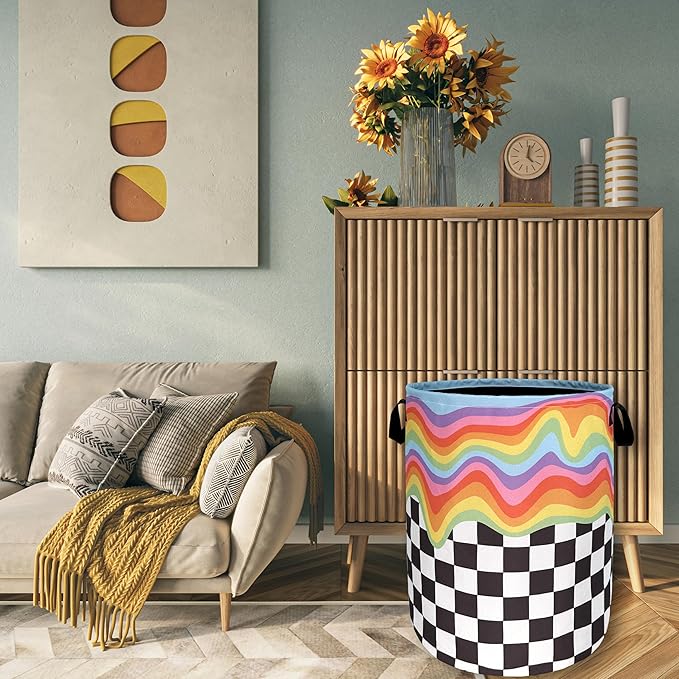 Rainbow Grey White Plaid Laundry Hamper Colorful Hippie Funny Laundry Basket