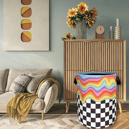 Rainbow Grey White Plaid Laundry Hamper Colorful Hippie Funny Laundry Basket