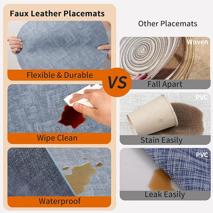 Maxpearl Round Placemats Set of 6, 13.8 inch Faux Leather Heat Resistant Table Mats, Non Slip Waterproof Wipeable Place Mats for Kitchen Dining Holiday Party Table Settings, Blue