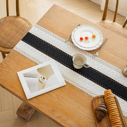 FEXIA Boho Table Runner for Summer Home Decor with Tassels 36 Inches Long Farmhouse Rustic Black Gothic Table Runner Macrame Gothic Burlap Table Decoration for Kitchen Living Room (12x36 Inches)