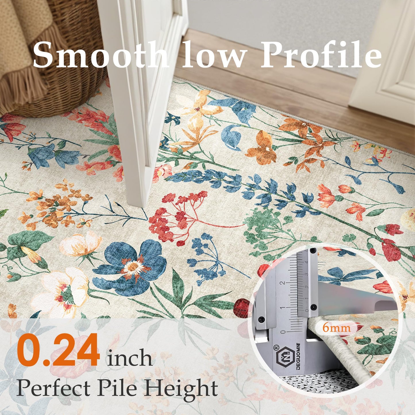 PureCozy Floral Runner Rug 2x6 Washable Hallway Long Beige Bedroom Carpet Non Slip Indoor Boho Kitchen Low Pile Accent Rug Lightweight Soft for Bathroom Dining Laundry Living Room