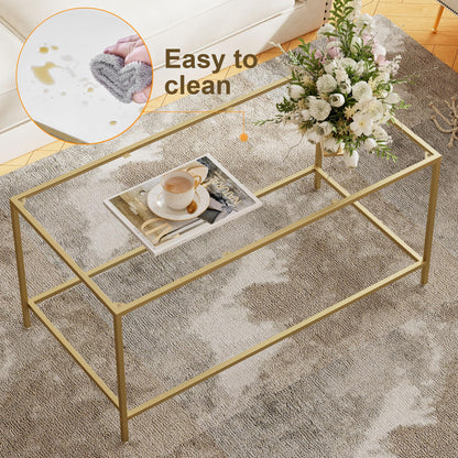 Homleke Glass Coffee Table, Modern Rectangular Coffee Table for Living Room, Minimalist Center Tea Table with Sturdy Metal Frame for Apartment, Office, Easy Assembly, 39.4 x 19.7 x 17.7 Inches, Golden