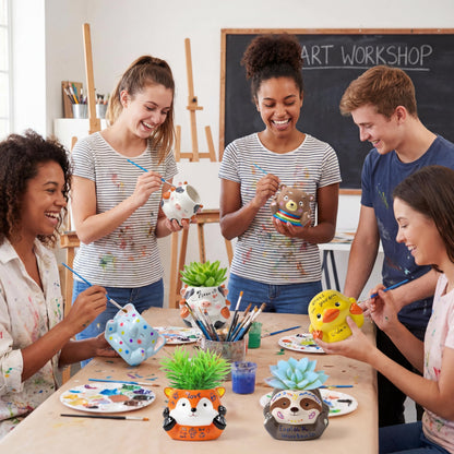 Chuangdi 12 Sets Ceramics to Paint 6 Style DIY Ceramic Succulent Planter Pots Unpainted Bisque Flower Pots Paintable Craft with Drainage Hole, Paints, Brushes, Palettes(Lovely Style)