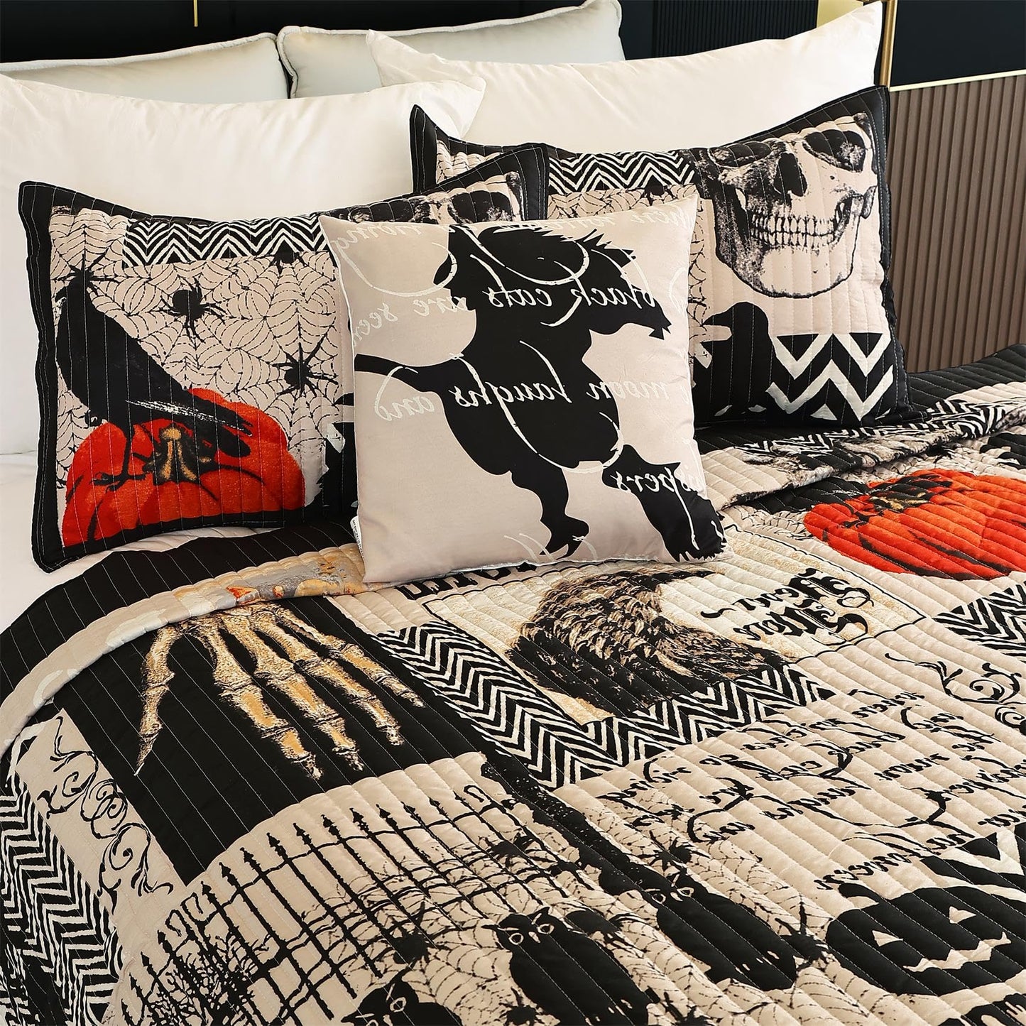 Halloween Quilt Set Queen Size,Black Orange Reversible Quilt Bedding Set 4PCS,Cat Pumpkin Spider Festival Themed Bedspread Full,Decorative Bedding Coverlet with 3 Pillow Shams(Orange&Black,90"x90")
