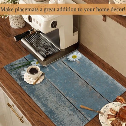 Placemats Set of 6,Daisy Flowers on Wooden Linen Place Mats,Modern Washable Table Placemats 12"x18" Heat Resistant Table Mats for Dining Kitchen Party Holiday Decoration