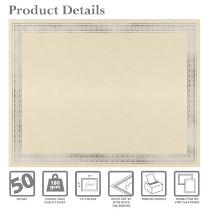 Better Office Products 50 Sheet Award Certificate Paper, Silver Foil Metallic Border, Ivory Letter Size Blank Paper, Diploma Certificates, Laser and Inkjet Printer Friendly, 8.5 x 11 Inches