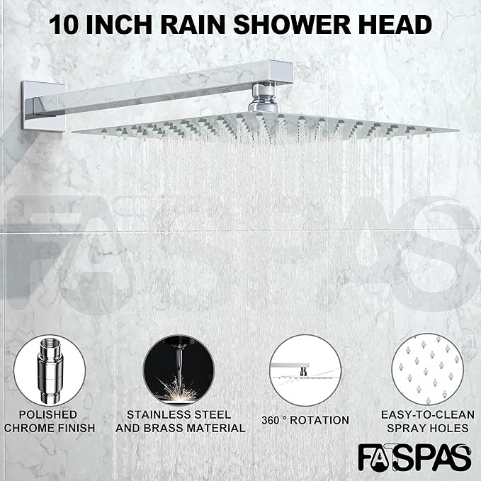 Polished Chrome Shower System with 10-Inch Rain Showerhead and Tub Spout | cUPC-certified pressure balance brass valve to prevent scalding, CEC-certified air injection technology for low pressure