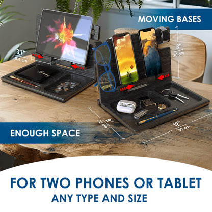 BarvA Two Phone Docking Station | Night Stand Desk Organizer | Wood Nightstand Organizer | Tablet Smart Watch Earbuds Charging Station | Upgraded Dresser Phone Stand | Bed Room Decor Gifts for Men
