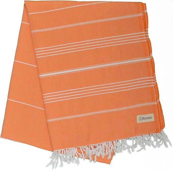 Bersuse Towels Anatolia XL Beach Blanket Throw Blanket Turkish Towel 100% Cotton Extra-Large Quick-Dry Lightweight Premium Peshtemal Towel - 61x82 Inches, Orange