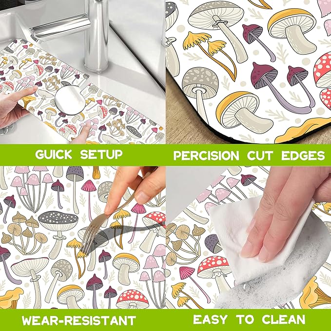 Kitchen Sink Splash Colorful Mushrooms Guard Faucet Mat Super Absorbent Fast