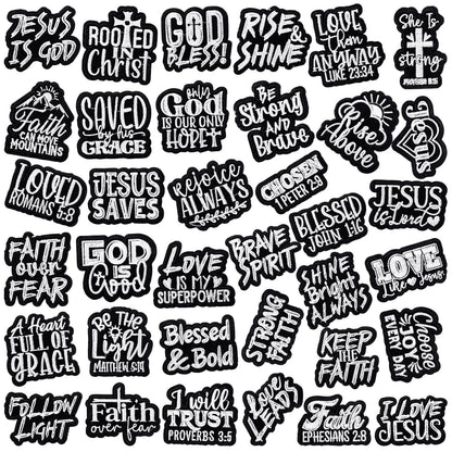 Hahafelt 36 Pcs Black Christian Embroidered Iron on Patches Motivational Bible Verse Religious Sew on Applique Patches for Hat Backpack Jacket Clothes DIY Accessories Decorations