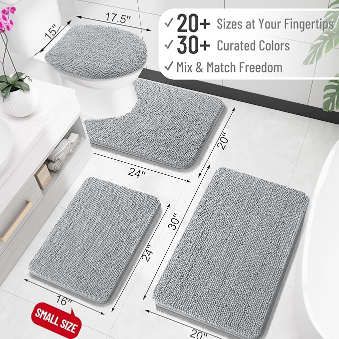 OLANLY Small Bathroom Rugs 24x16, Extra Soft Absorbent Chenille Bath Rugs, Rubber Backing Quick Dry, Machine Washable Bath Mats for Bathroom Floor, Tub and Shower, Home Decor Accessories, Light Grey