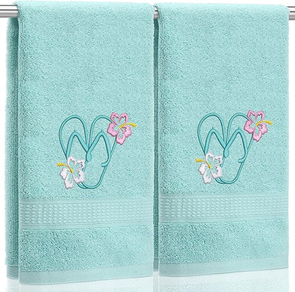 2 Pcs Flip Flops Hand Towels Mint Green Bathroom Decor 14x29 Inch Embroidered