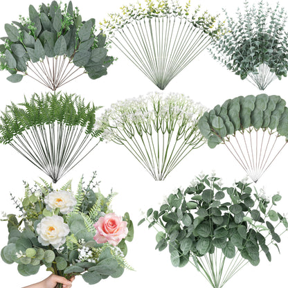Hoplito 150 Pcs 7 Kinds Mixed Artificial Eucalyptus Leaves Stems Bulk, Fake Greenery Plants Faux Silver Dollar Eucalyptus Leaves for Wedding Vase Bouquet Floral Arrangement Centerpiece Home Decor