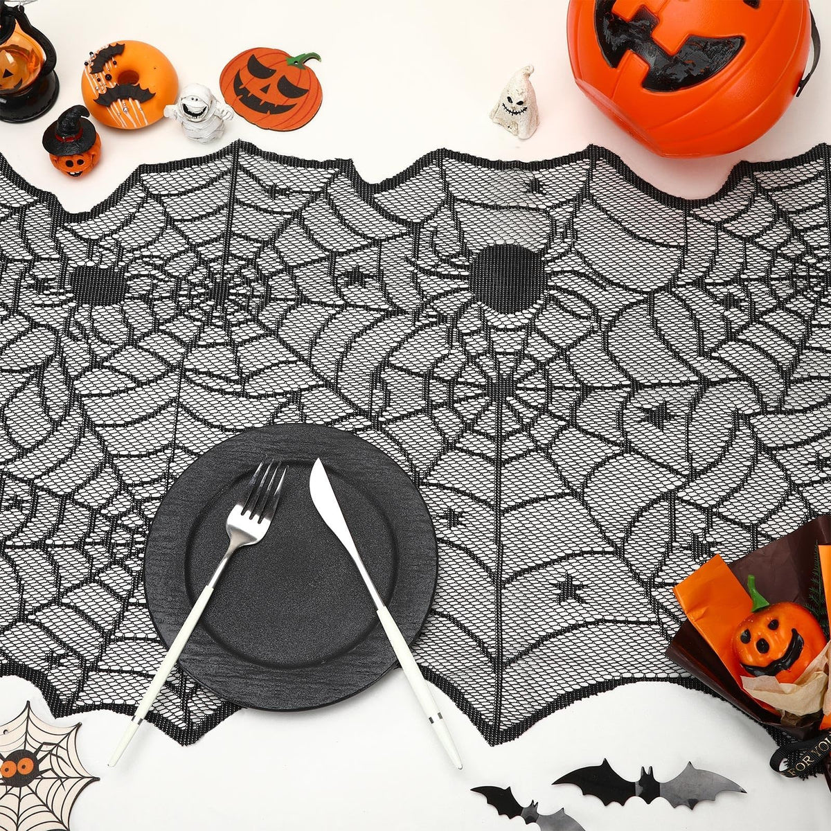 DTOFOOT 4 Pack Halloween Table Runner, 18 x 72 Inch Black Lace Spider Web Table Runner for Halloween Decorations Gothic Cobweb Tablecloth for Dining Table Fireplace Mantel Party Decor