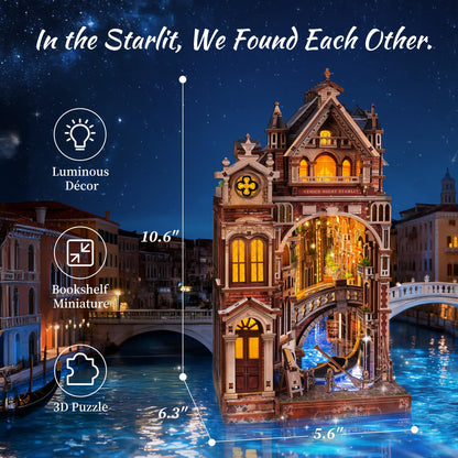 FUNPOLA Venice Night Starlit Book Nook Kit – LED 3D Wood Puzzle with Infinity Mirror – DIY Bookshelf Decor, Miniature Craft Gift for Kids and Adults
