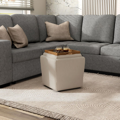 Furniture of America Lennox Modern Chenille 17-inch Square Storage Ottoman with Reversible Tray Top, Upholstered Footstool for Living Room, Bedroom, Entryway, Beige Pink